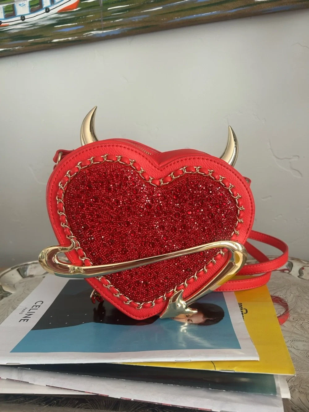 Betsey Johnson Red Glitter Heart Crossbody with Gold Devil Horn Detail - Picture 3 of 5